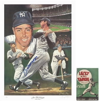 Lot of (2) Joe DiMaggio Signed 18x24 Litho Print & "Lucky to be a Yankee" Book (JSA)